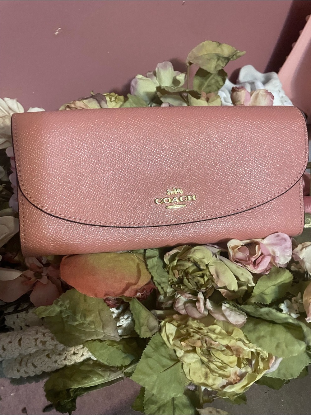 Coach Blush Pink Saffiano crossgrain Leather slim envelope Wallet